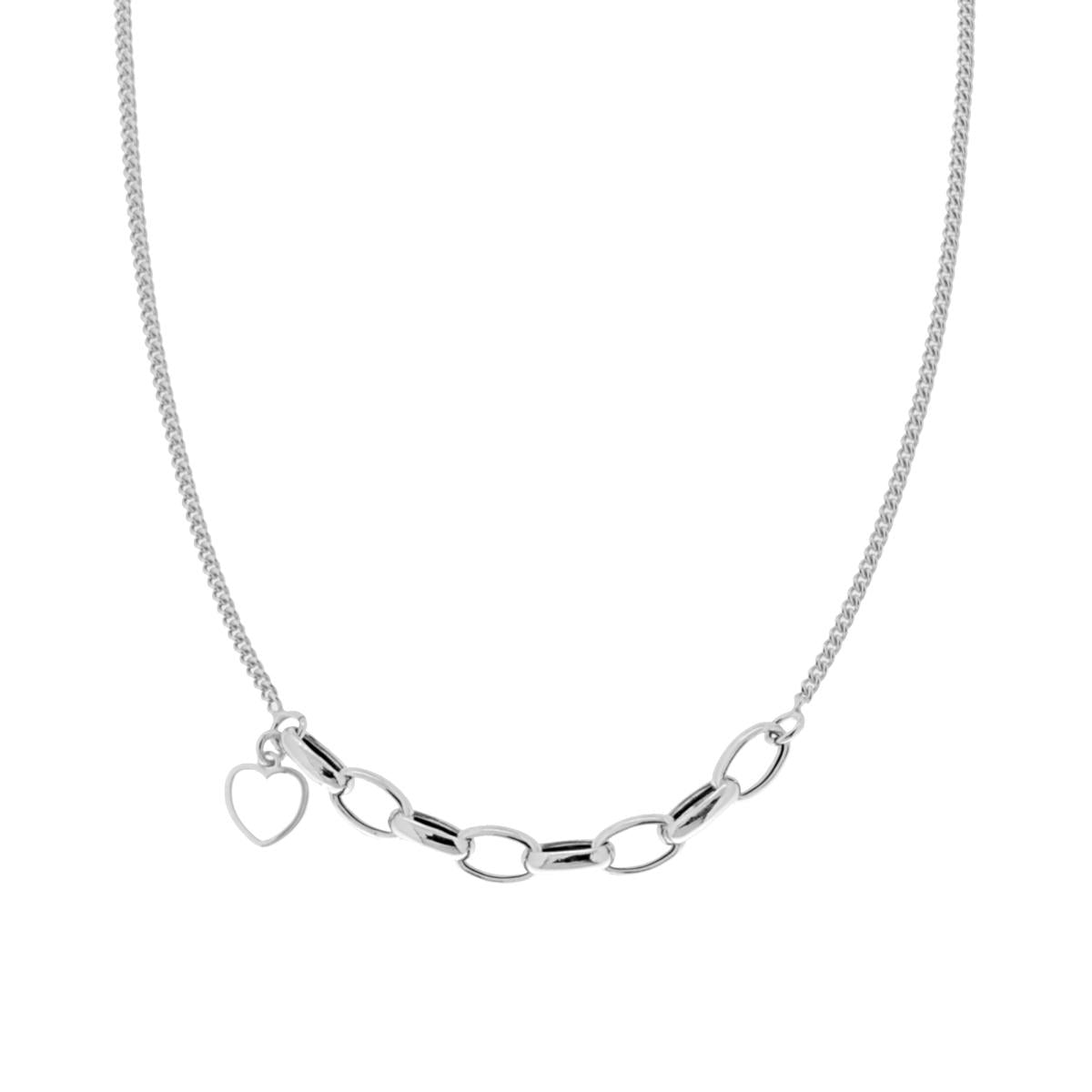 Collana Catena Grumetta e Forzatina Ovale centrale con Cuore in ARGENTO 925 Galvanica Rodio