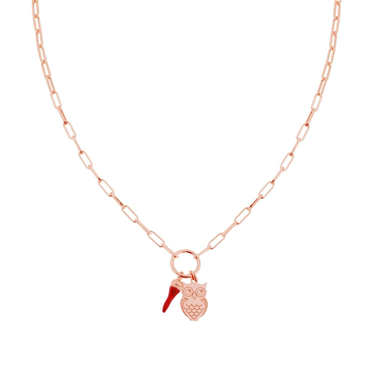 Collana Catena Forzatina Allungata con Corno Portafortuna pendente Smalto Rosso e Gufo in ARGENTO 925 Galvanica Rosa