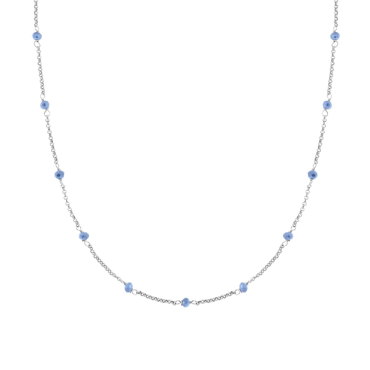 Collana Catena Rolo Diamantata con Crystal Blu Pastello in ARGENTO 925 Galvanica Rodio