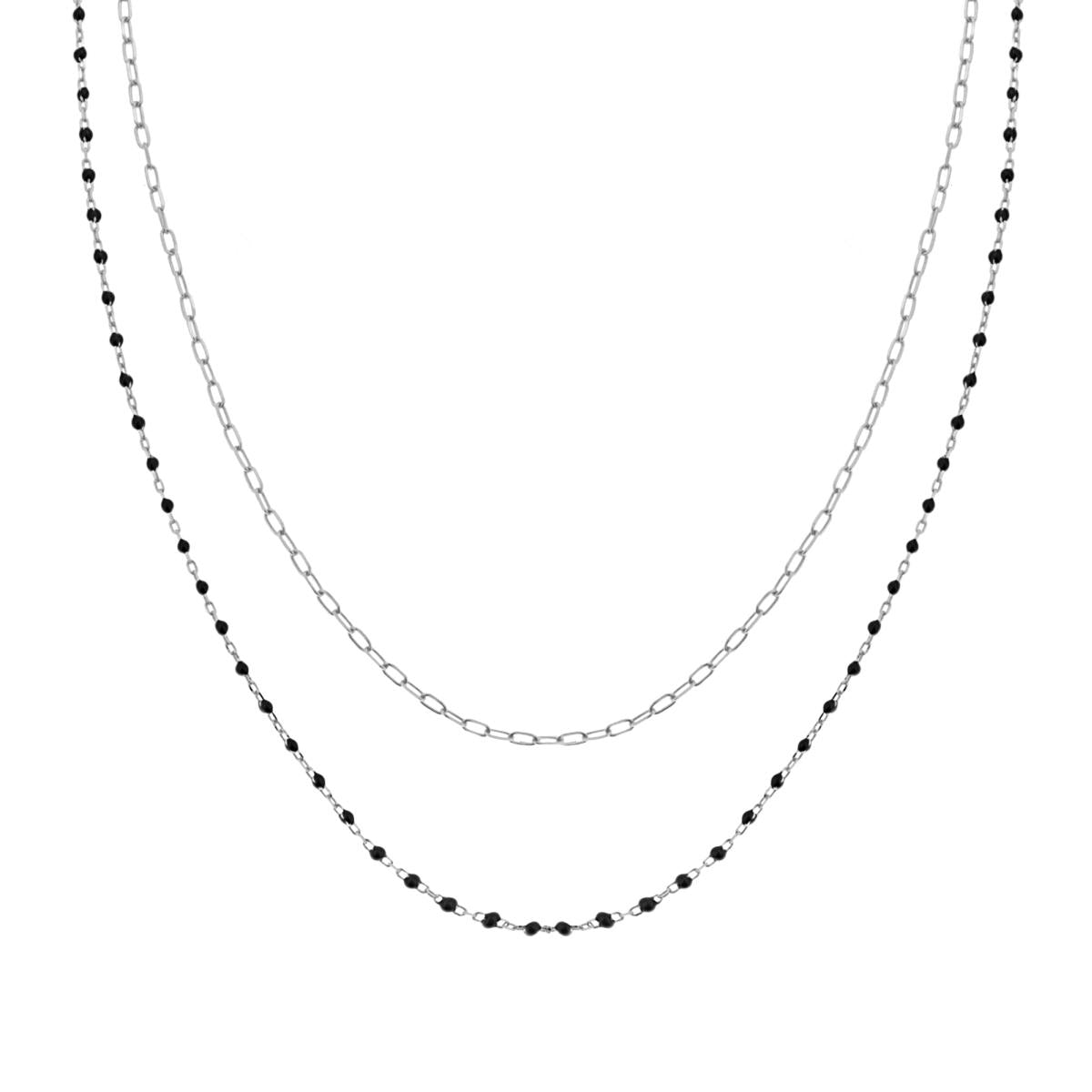 Collana due fili Catena Forzatina Allungata con Smalto Nero in ARGENTO 925 Galvanica Rodio