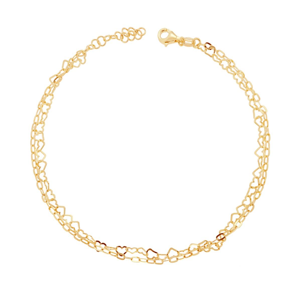 Cavigliera due fili Catena Cuori e Forzatina allungata in ARGENTO 925 Galvanica Oro