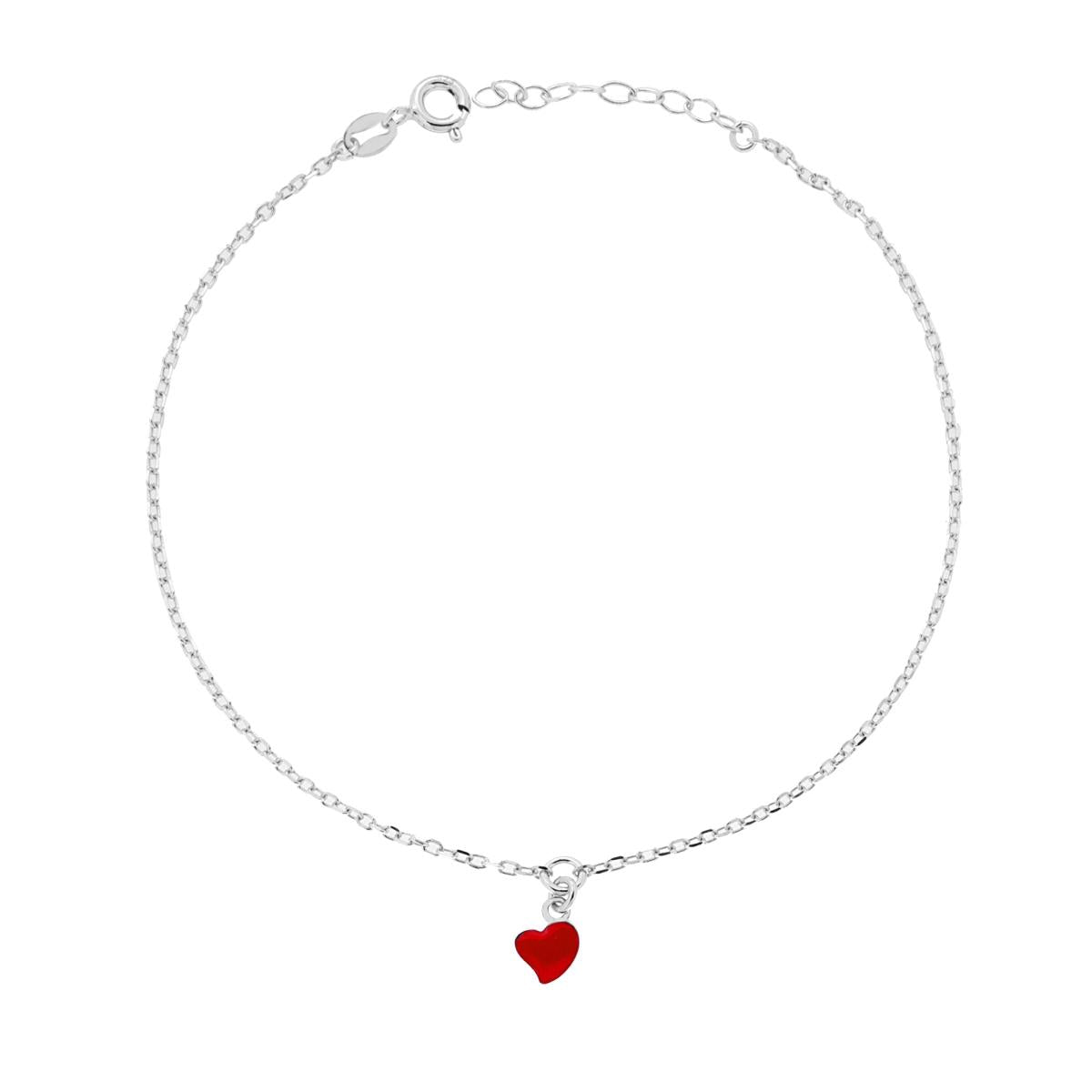 Cavigliera Catena Forzatina Diamantata con Cuore smaltato Rosso pendente in ARGENTO 925 Galvanica Rodio