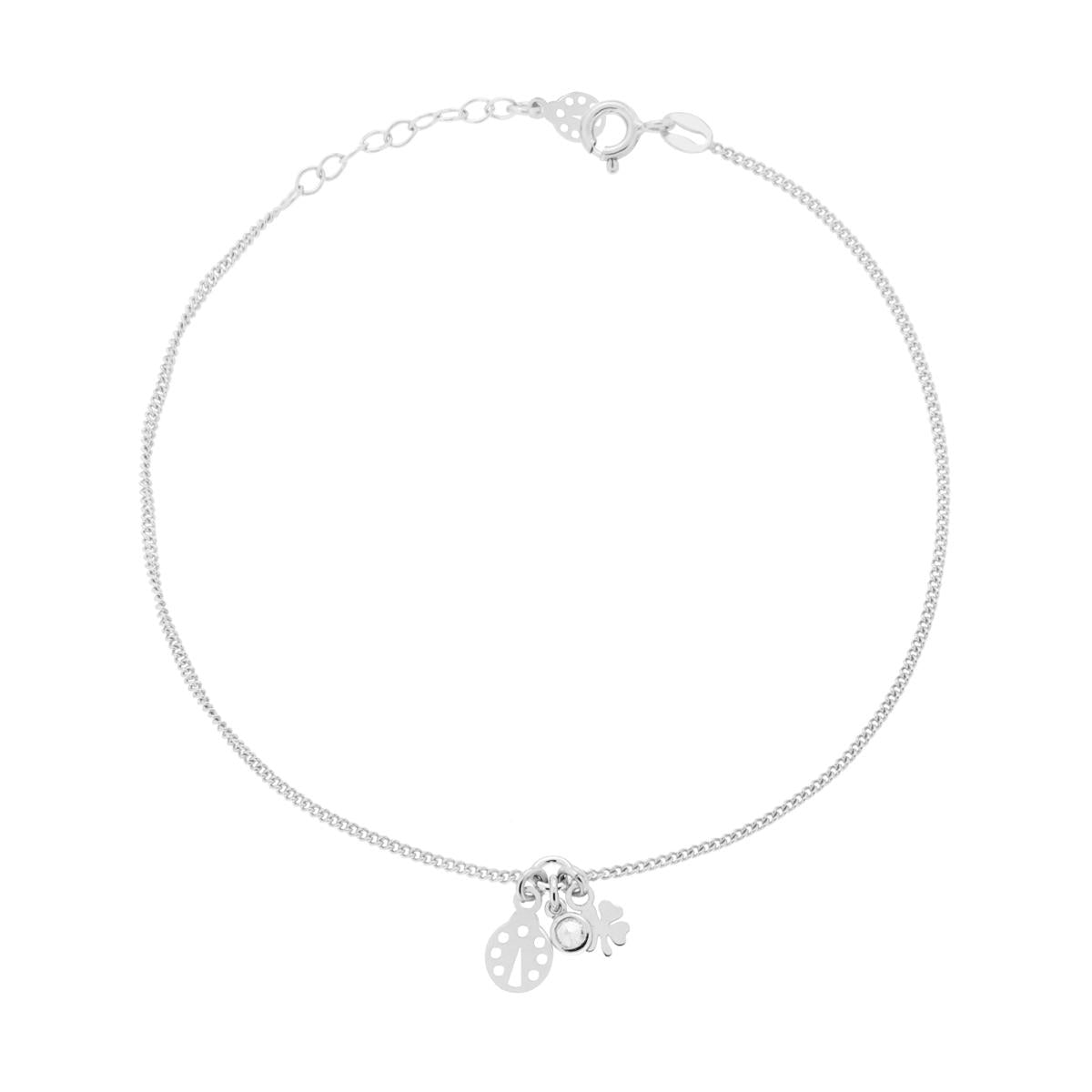 Cavigliera Catena Grumetta con Coccinella Quadrifoglio plain e Zircone Bianco pendenti in ARGENTO 925 Galvanica Rodio