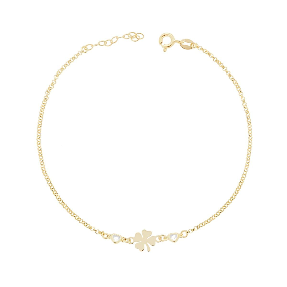 Cavigliera Catena Rolo Diamantata con Quadrifoglio e Zirconi a Cuore Bianco in ARGENTO 925 Galvanica Oro