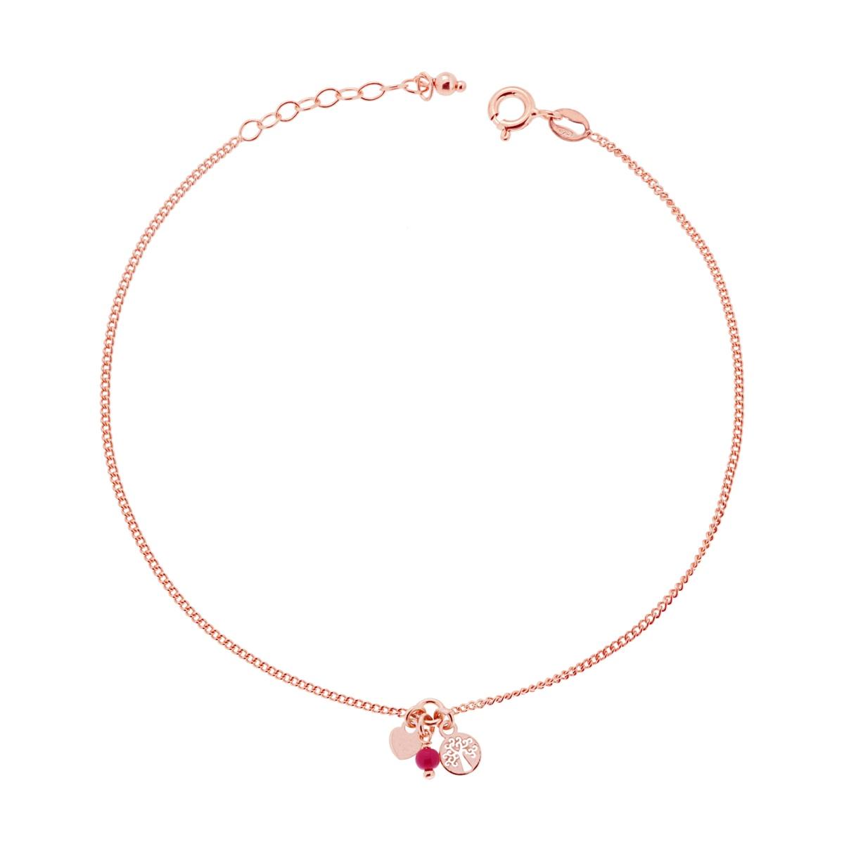 Cavigliera Catena Grumetta Diamantata con Albero della Vita Cuore e Perlina Bordeaux in ARGENTO 925 Galvanica Rosa