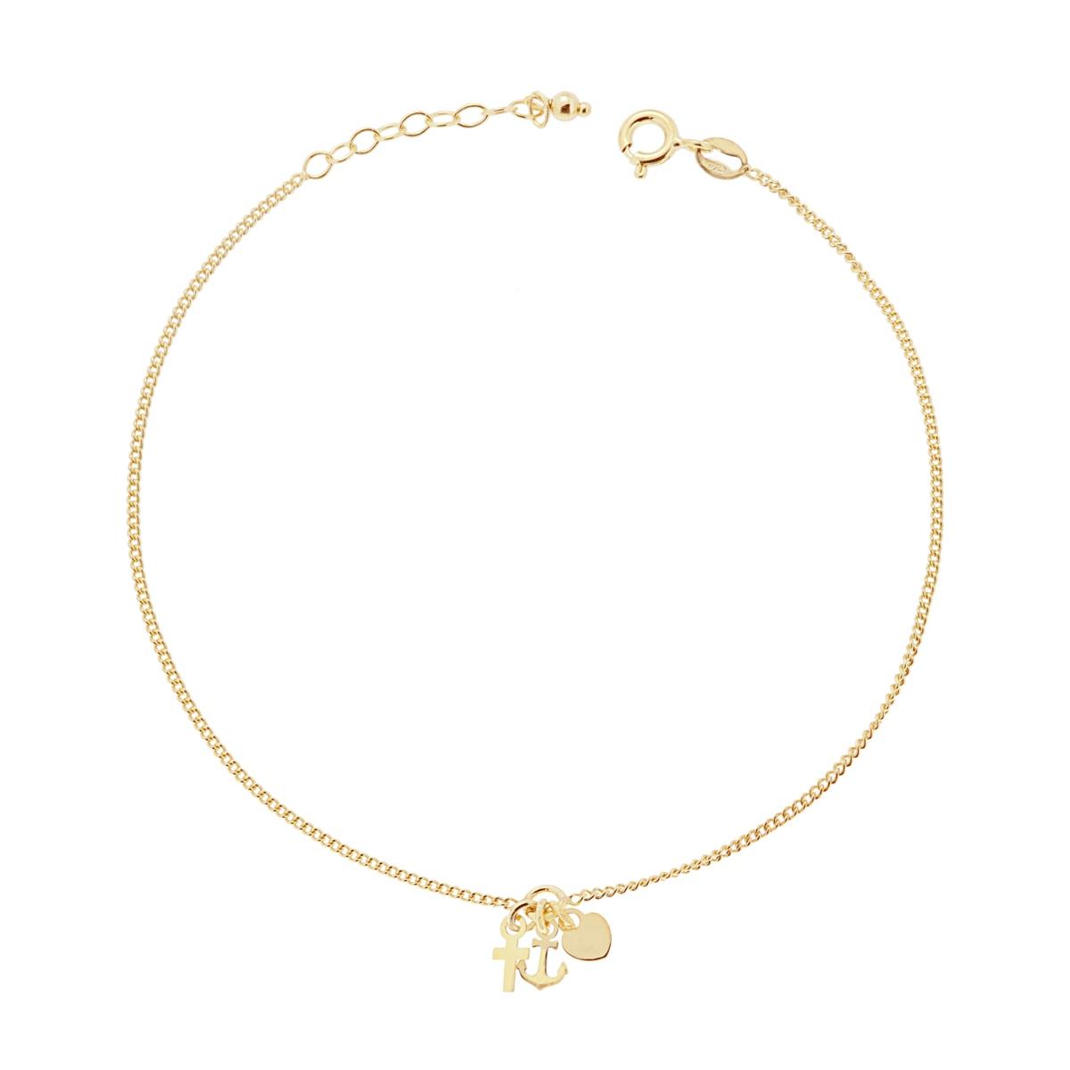 Cavigliera Catena Grumetta Diamantata con Ancora Croce e Cuore plain pendenti in ARGENTO 925 Galvanica Oro