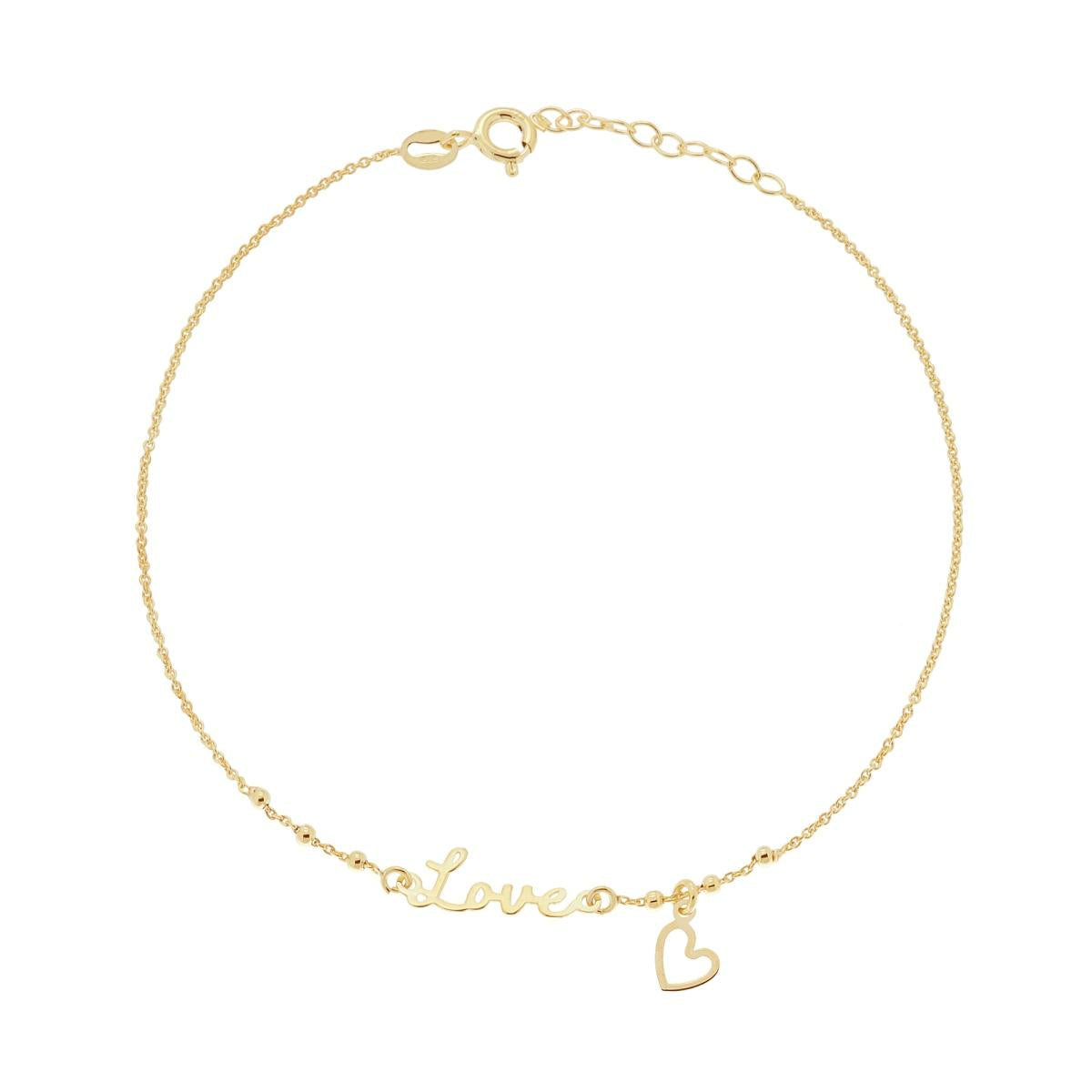 Cavigliera Catena Rolo Diamantata con scritta Love e Cuore pendente in ARGENTO 925 Galvanica Oro