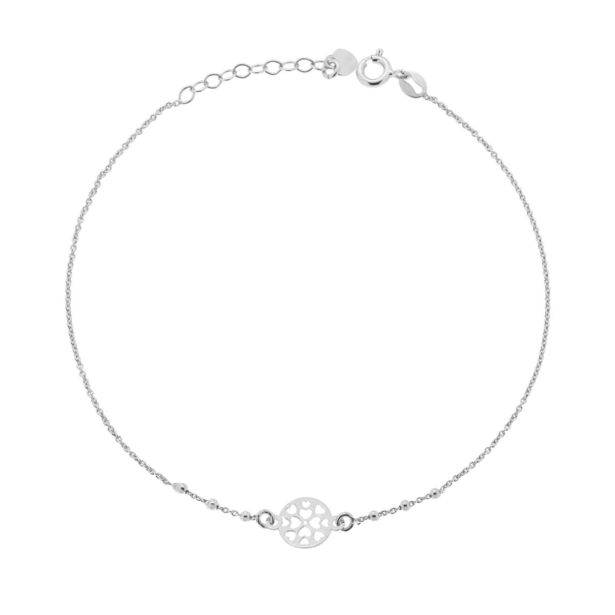 Cavigliera Catena Rolo Diamantata con Tondo con Cuori in ARGENTO 925 Galvanica Rodio