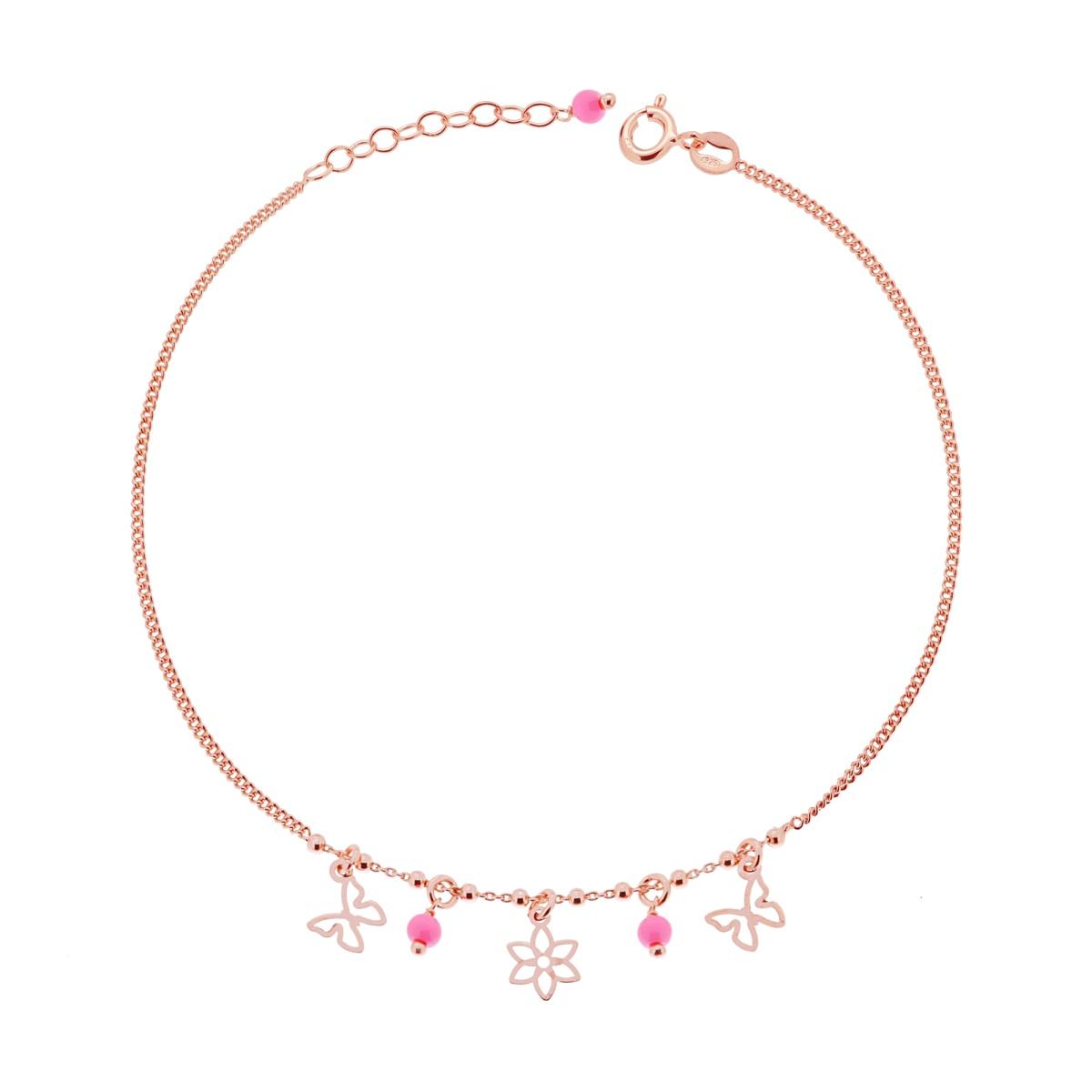 Cavigliera Catena Grumetta Diamantata con Farfalle e Fiore e Perline Rosa pendenti in ARGENTO 925 Galvanica Rosa