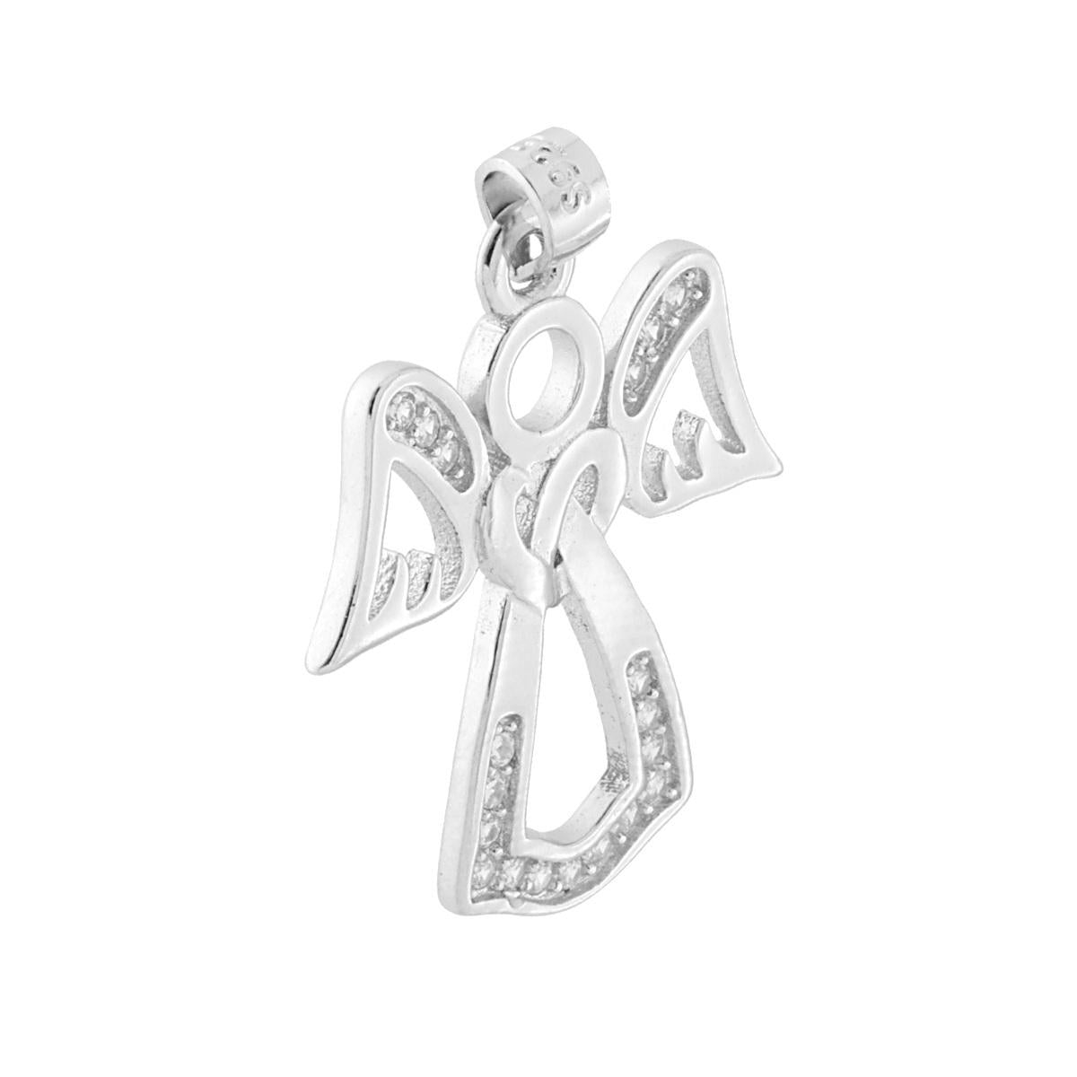 Ciondolo a forma di angelo con zirconi bianchi incastonati e finitura liscia e lucida.