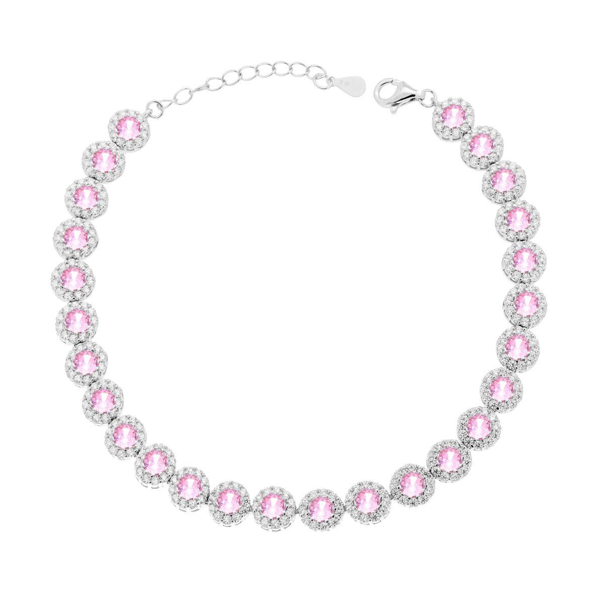 Bracciale Tennis Griffe cm 18+3 Fiore con Cubic Zirconia Rosa contornato da Cubic Zirconia Bianchi in ARGENTO 925 Galvanica Rodio