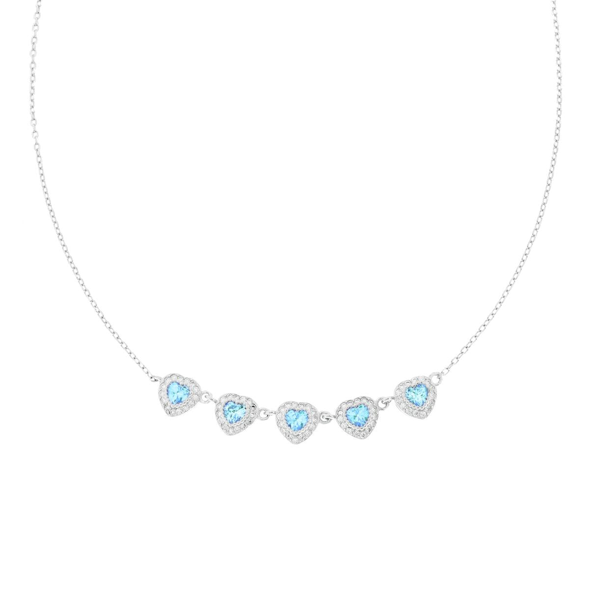 Collana Catena Forzatina Diamantata Cuori con Cubic Zirconia Acquamarina contornati da Cubic Zirconia Bianchi in ARGENTO 925 Galvanica Rodio