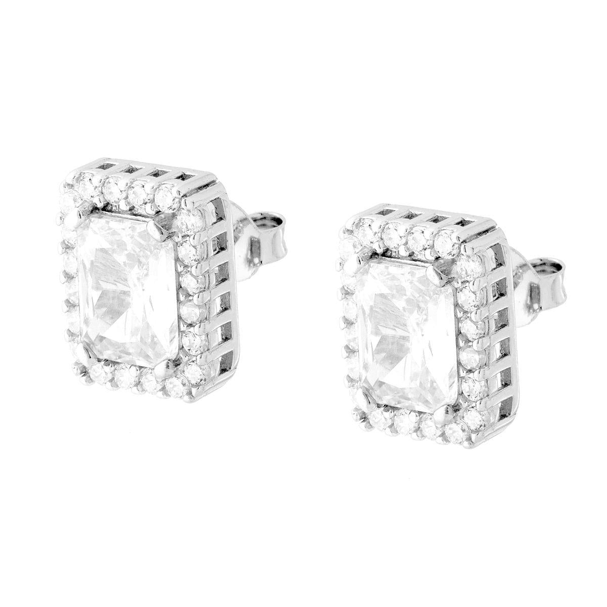 Orecchini Rettangolari con Cubic Zirconia Punto Luce contornato da Cubic Zirconia Bianchi in ARGENTO 925 Galvanica Rodio