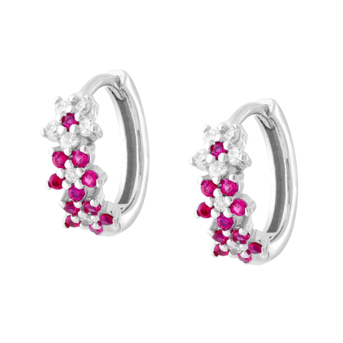 Orecchini Cerchio Fiori con Cubic Zirconia Rosso Rubino e Bianchi in ARGENTO 925 Galvanica Rodio