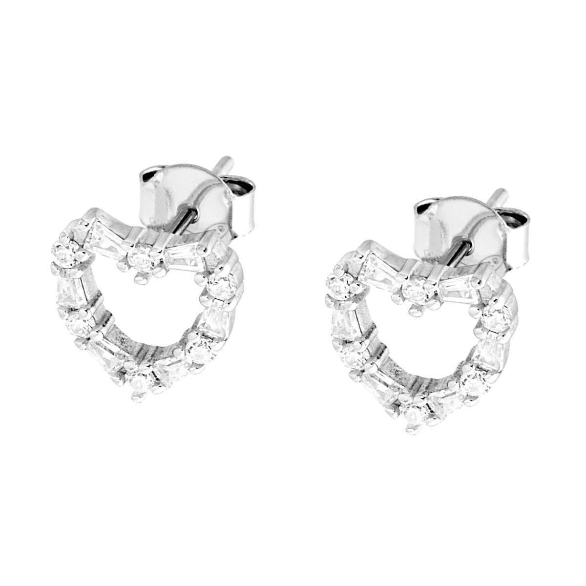 Orecchini Cuore con Cubic Zirconia Trapezio Bianchi in ARGENTO 925 Galvanica Rodio
