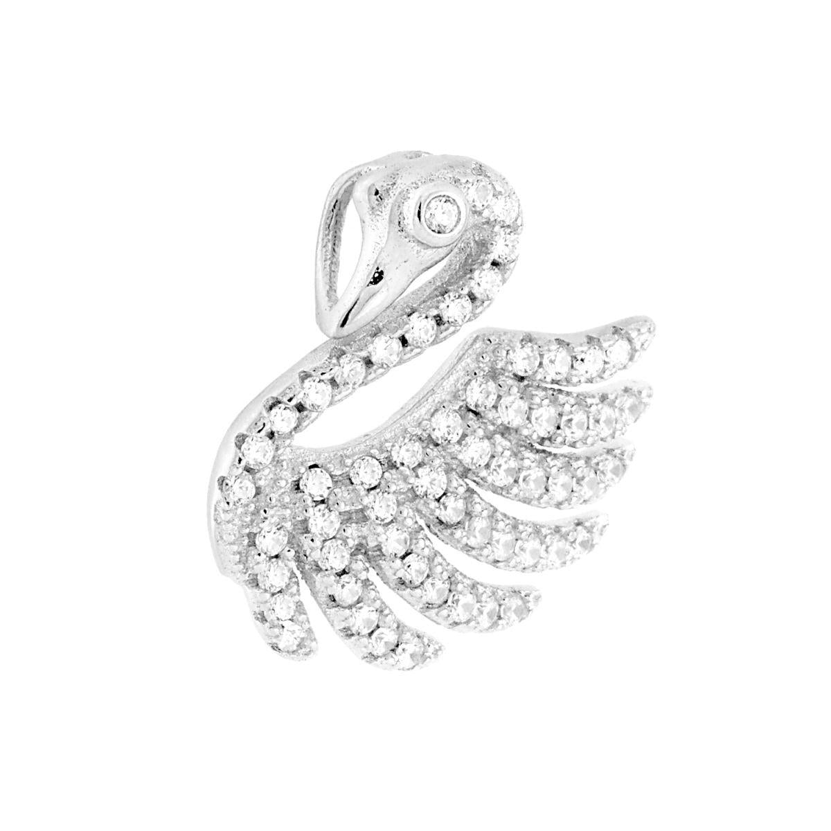 Ciondolo a forma di cigno con passante per catena e cubic zirconia bianchi incastonati.