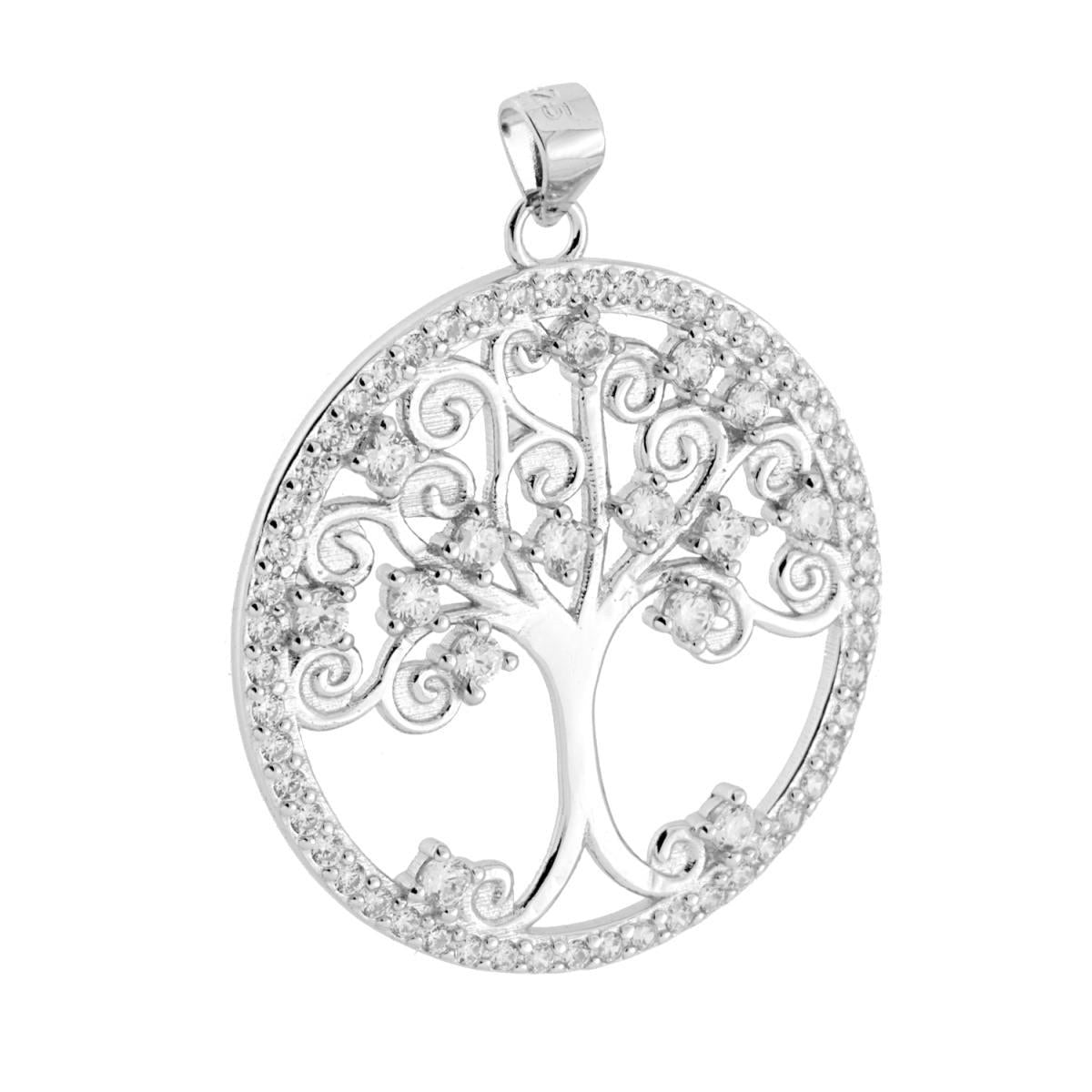 Ciondolo a forma di albero della vita con finitura liscia e lucida e cubic zirconia bianchi incastonati.