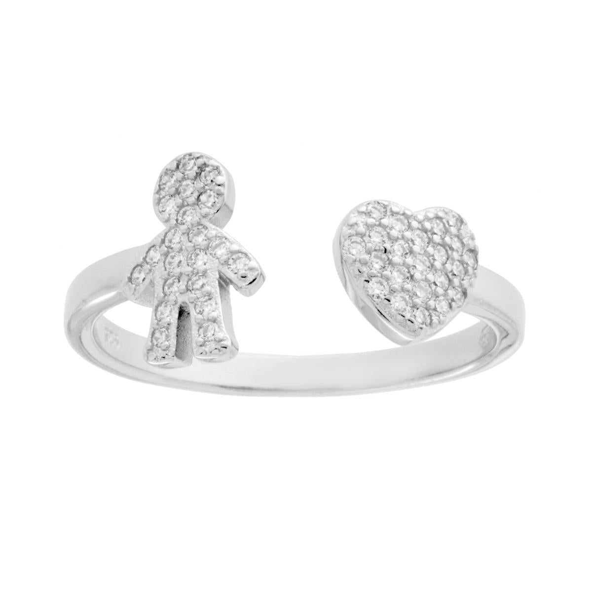 Anello Famiglia con figlio bimbo e cuore Cubic Zirconia Bianchi in ARGENTO 925 Galvanica Rodio
