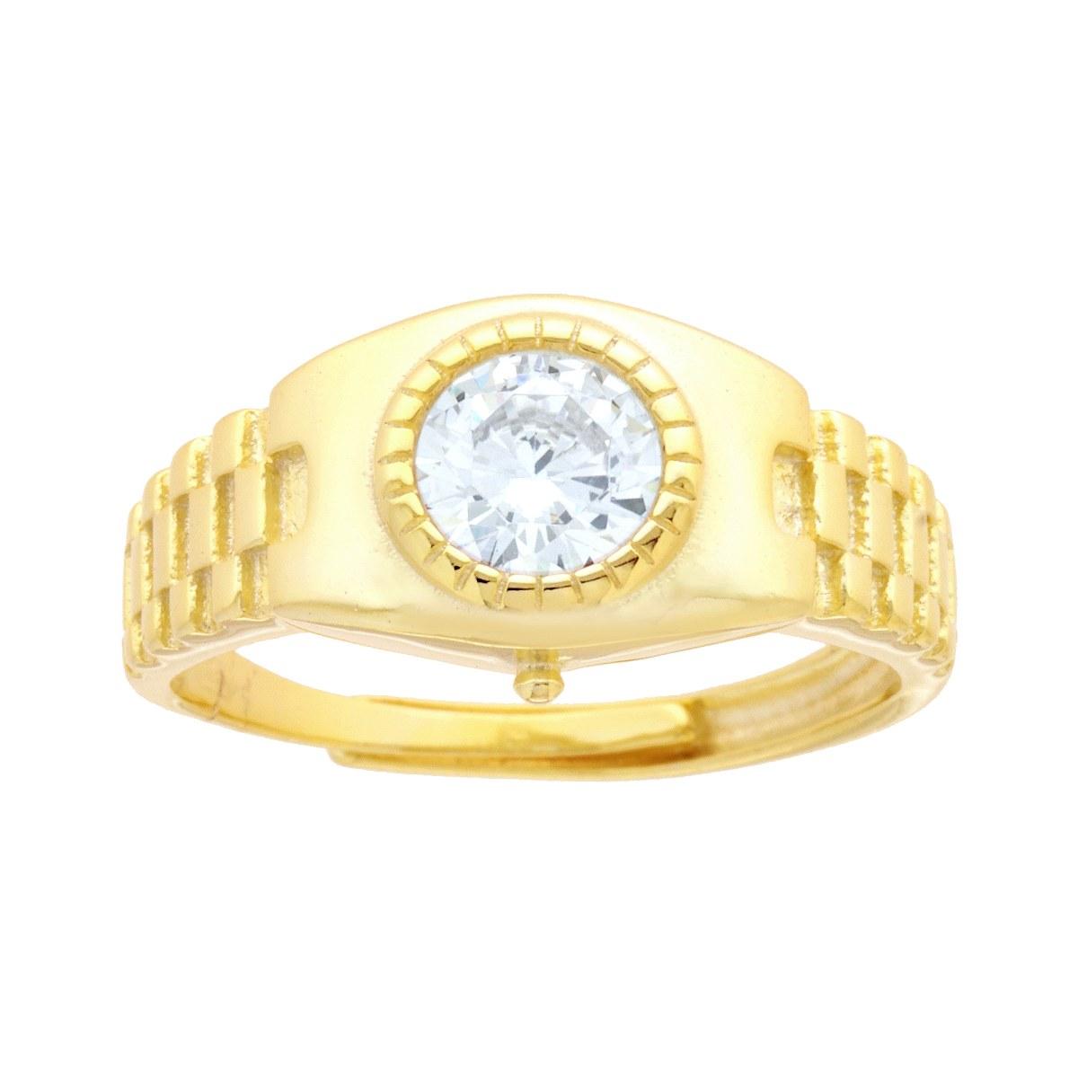 Anello Solitario Uomo modello ghiera Orologio con Zircone Bianco in ARGENTO 925 Galvanica Oro