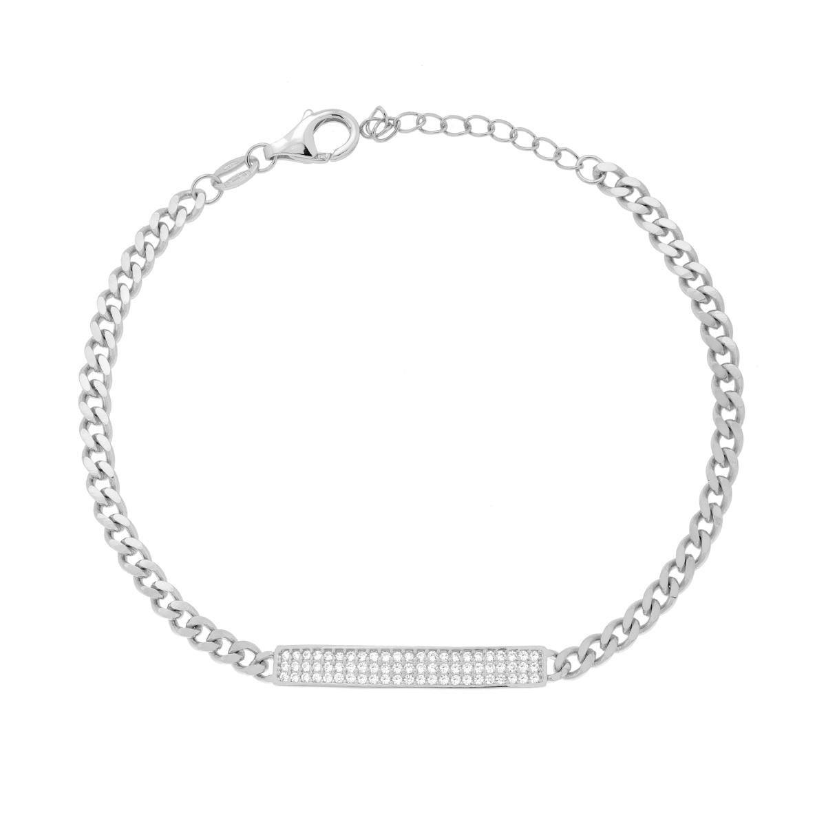 Bracciale Catena Grumetta Targa con Cubic Zirconia Bianchi in ARGENTO 925 Galvanica Rodio