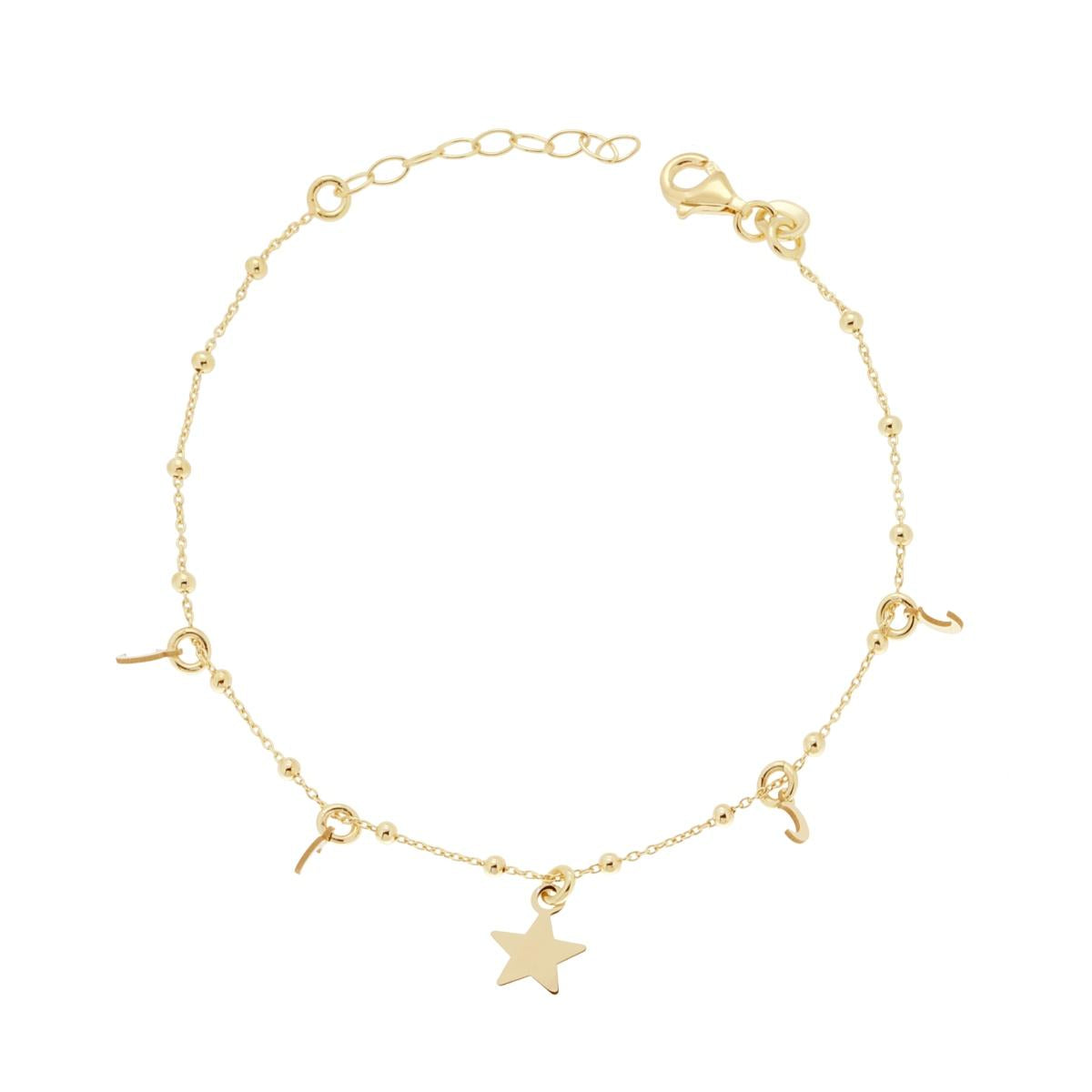 Bracciale Catena Forzatina Diamantata con Palline lisce Lune e Stella pendenti in ARGENTO 925 Galvanica Oro
