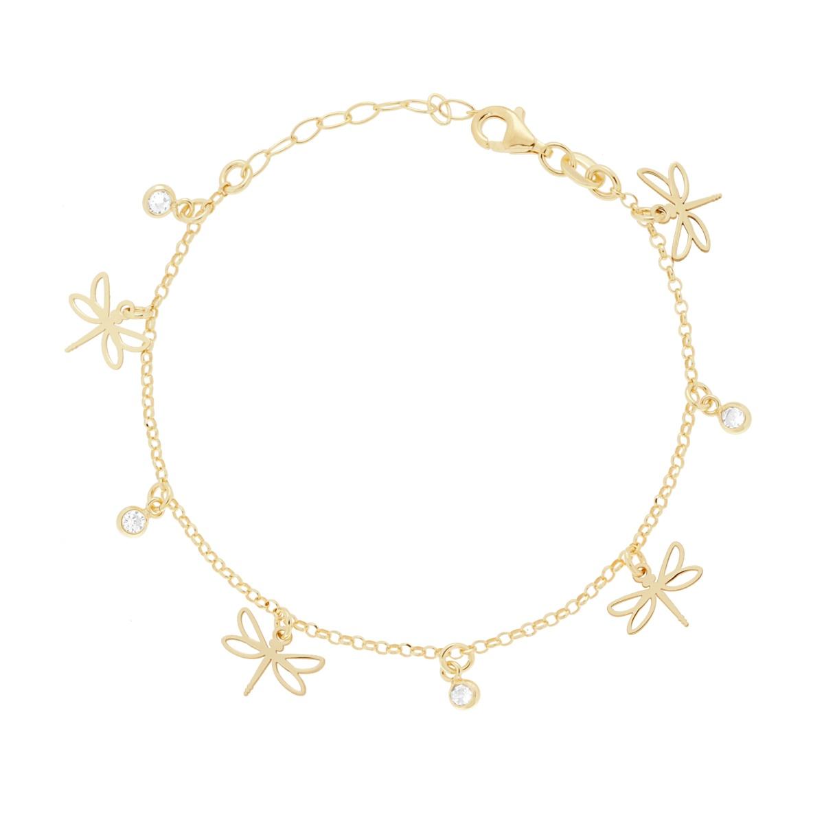 Bracciale Catena Rolo Diamantata con Libellule e Cubic Zirconia Bianchi pendenti in ARGENTO 925 Galvanica Oro