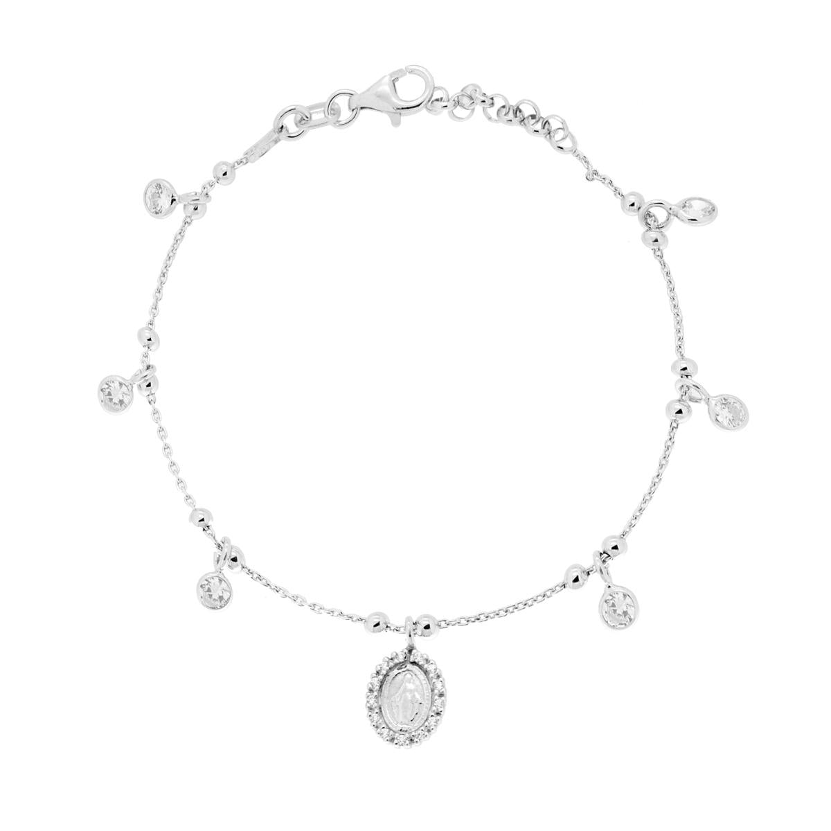 Bracciale Catena Forzatina Diamantata con Cubic Zirconia Bianchi e Madonna Miracolosa pendenti in ARGENTO 925 Galvanica Rodio