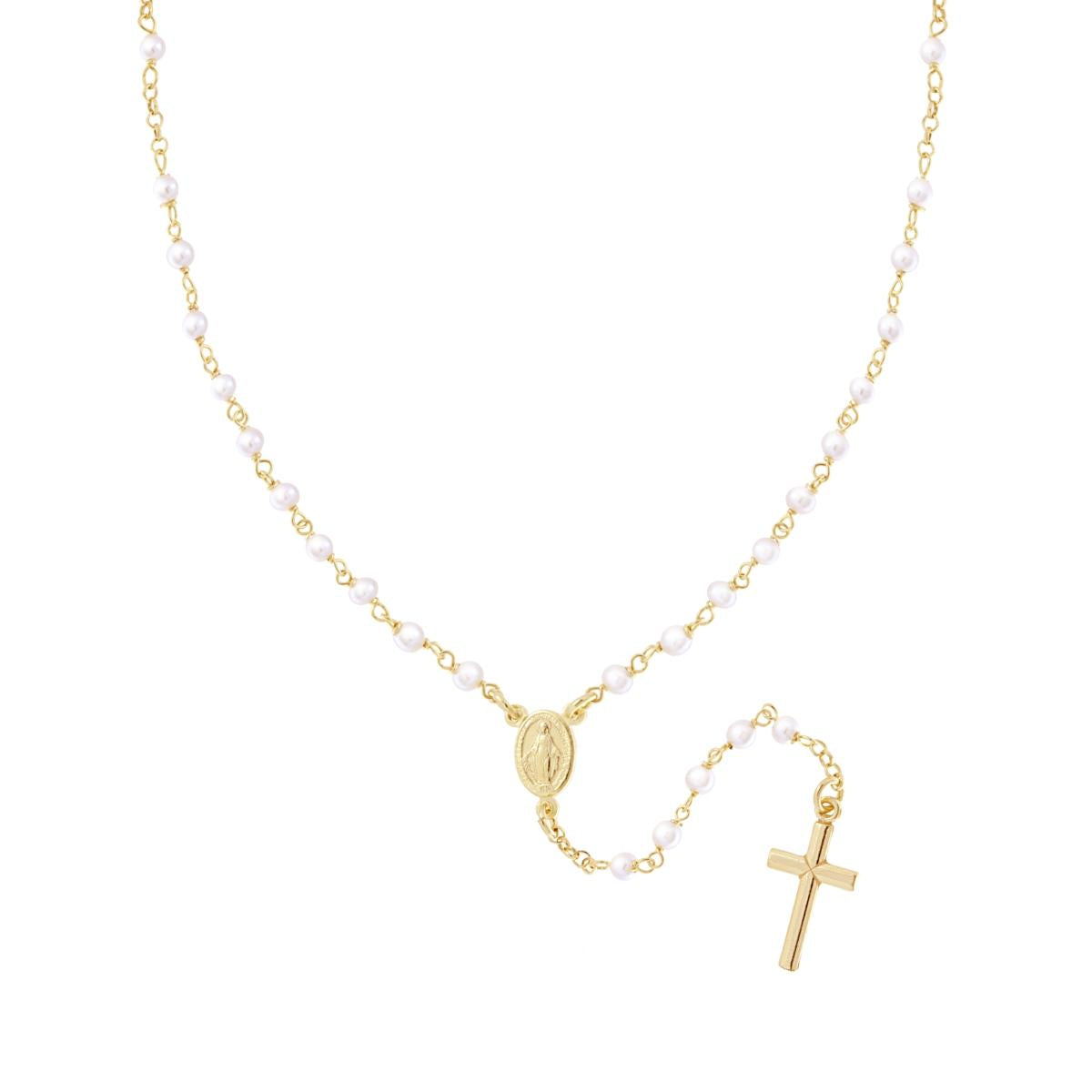 Collana Rosario cm 50 con Grani Perla mm 3 con Croce in ARGENTO 925 Galvanica Oro