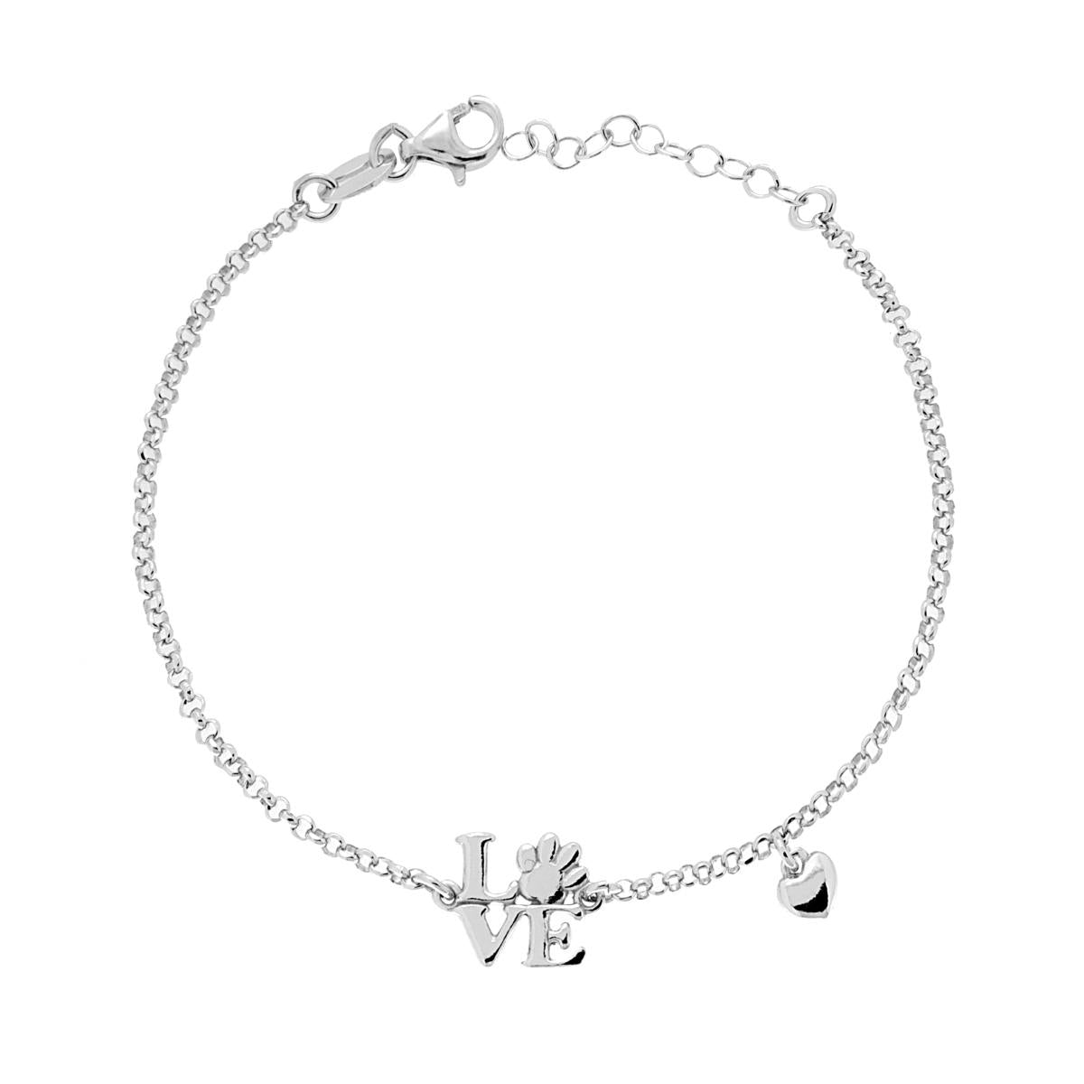 Bracciale Catena Rolo Diamantata con scritta Love Cuore pendente e Impronta Zampa di Cane in ARGENTO 925 Galvanica Rodio