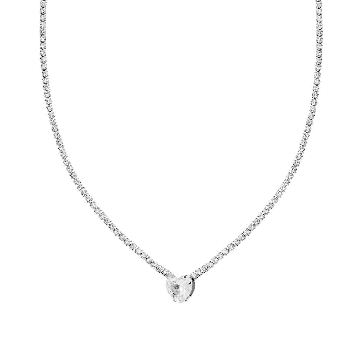 Collana Tennis con Cuore centrale Crystal Bianchi in ACCIAIO
