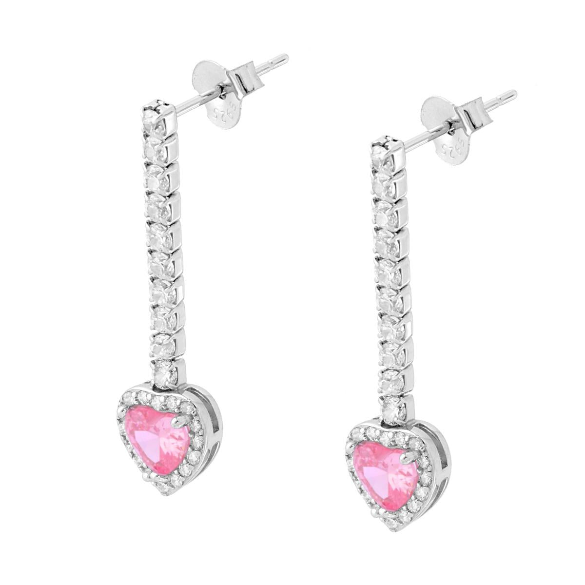 Orecchini Tennis con Cuore pendente Rosa contornato da Cubic Zirconia Bianchi in ARGENTO 925 Galvanica Rodio
