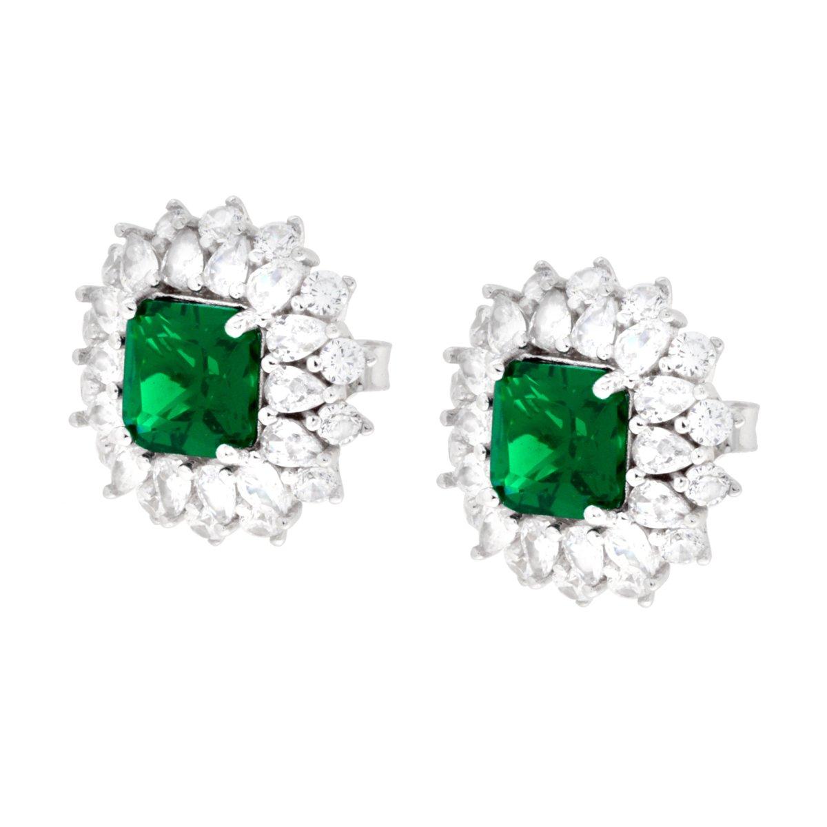 Orecchini Quadrato Cushion Verde Smeraldo contornato da Cubic Zirconia Bianchi in ARGENTO 925 Galvanica Rodio