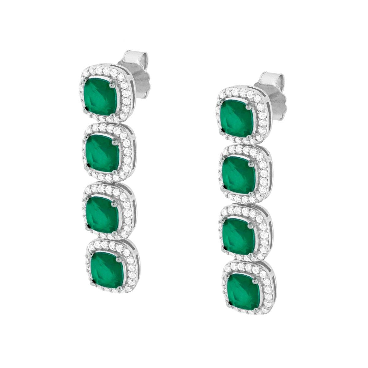 Orecchini Quadrati pendenti con Pietre Naturali Verde Smeraldo contornate da Cubic Zirconia Bianchi in ARGENTO 925 Galvanica Rodio