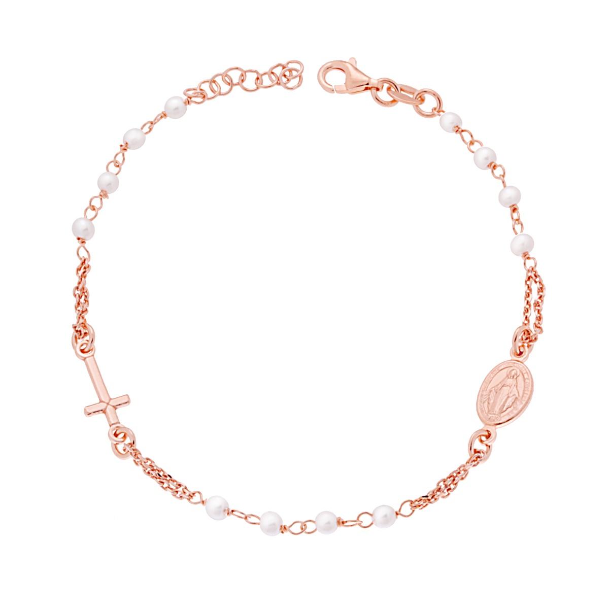 Bracciale Rosario cm 18 + 2 con Grani Perla mm 3 con Croce e Medaglia Madonna in ARGENTO 925 Galvanica Rosa