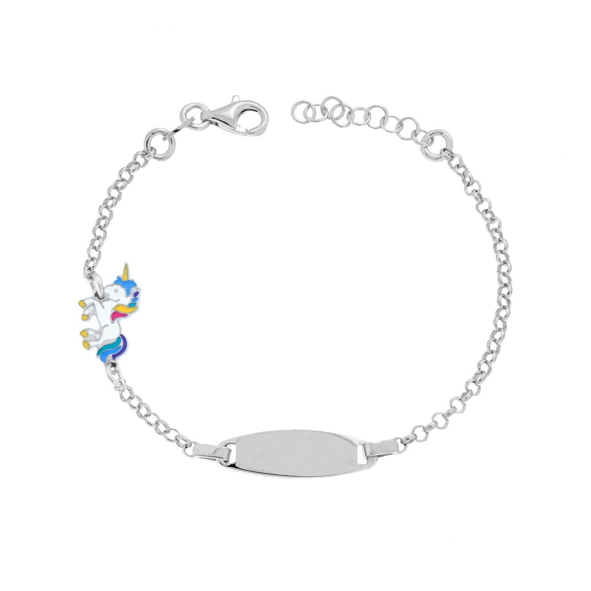 Bracciale Catena Rolo Diamantata Bimbo Bimba con Targa Ovale e Unicorno smalto Multicolor Rainbow in ARGENTO 925 Galvanica Rodio