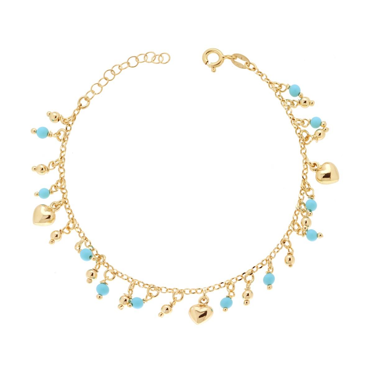 Bracciale Catena Rolo Diamantata con Palline Turchese e Cuori pendenti in ARGENTO 925 Galvanica Oro