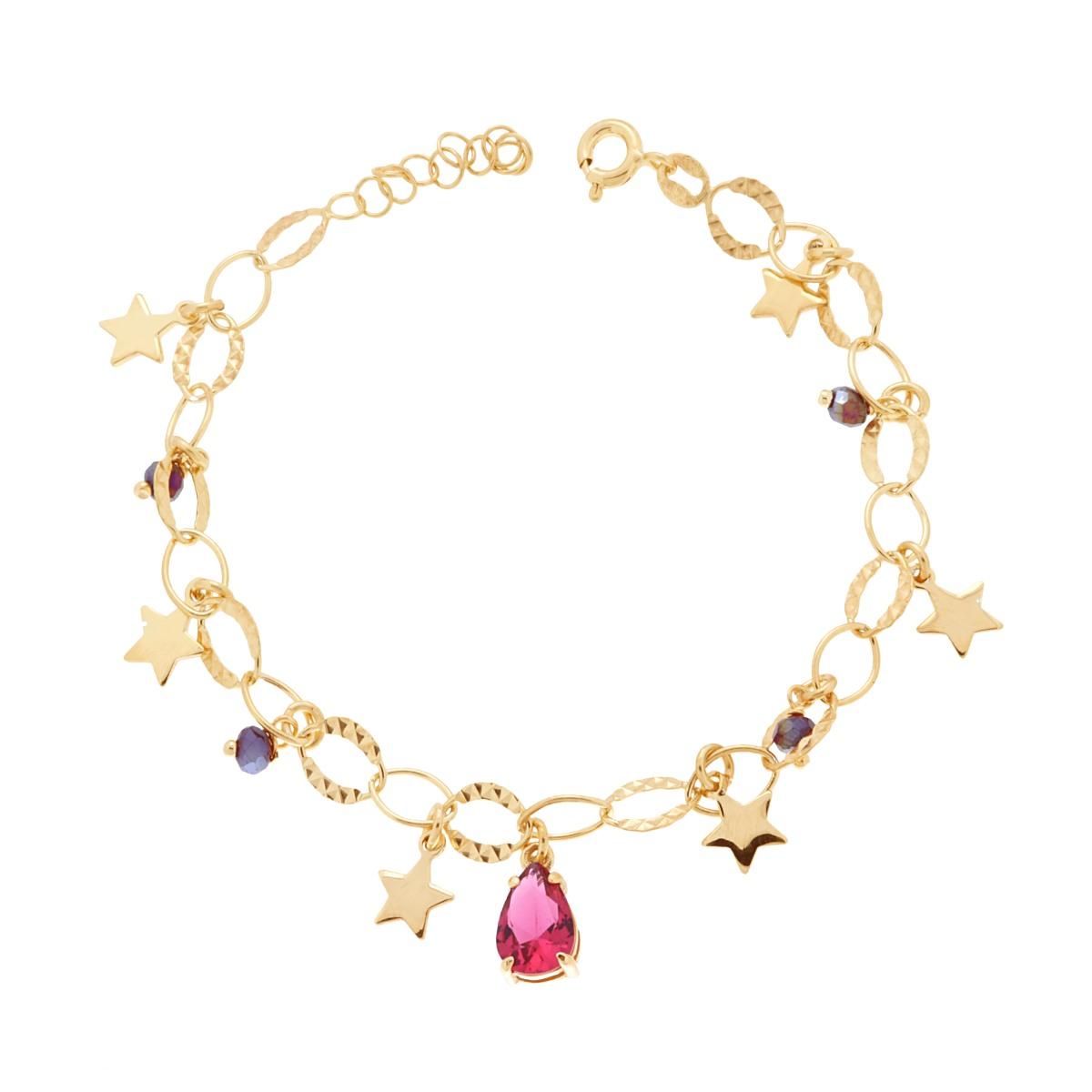 Bracciale Catena Ovali Diamantati con Crystal e Cubic Zirconia Goccia Rosso Rubino e Stelle plain pendenti in ARGENTO 925 Galvanica Oro