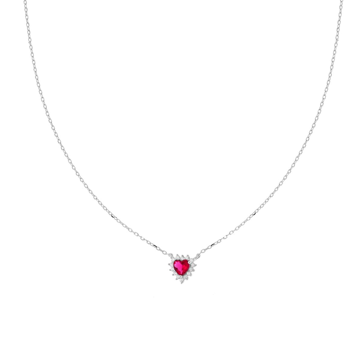 Collana Catena Forzatina Diamantata con Cuore Rosso Rubino contornato da Cubic Zirconia Bianchi in ARGENTO 925 Galvanica Rodio
