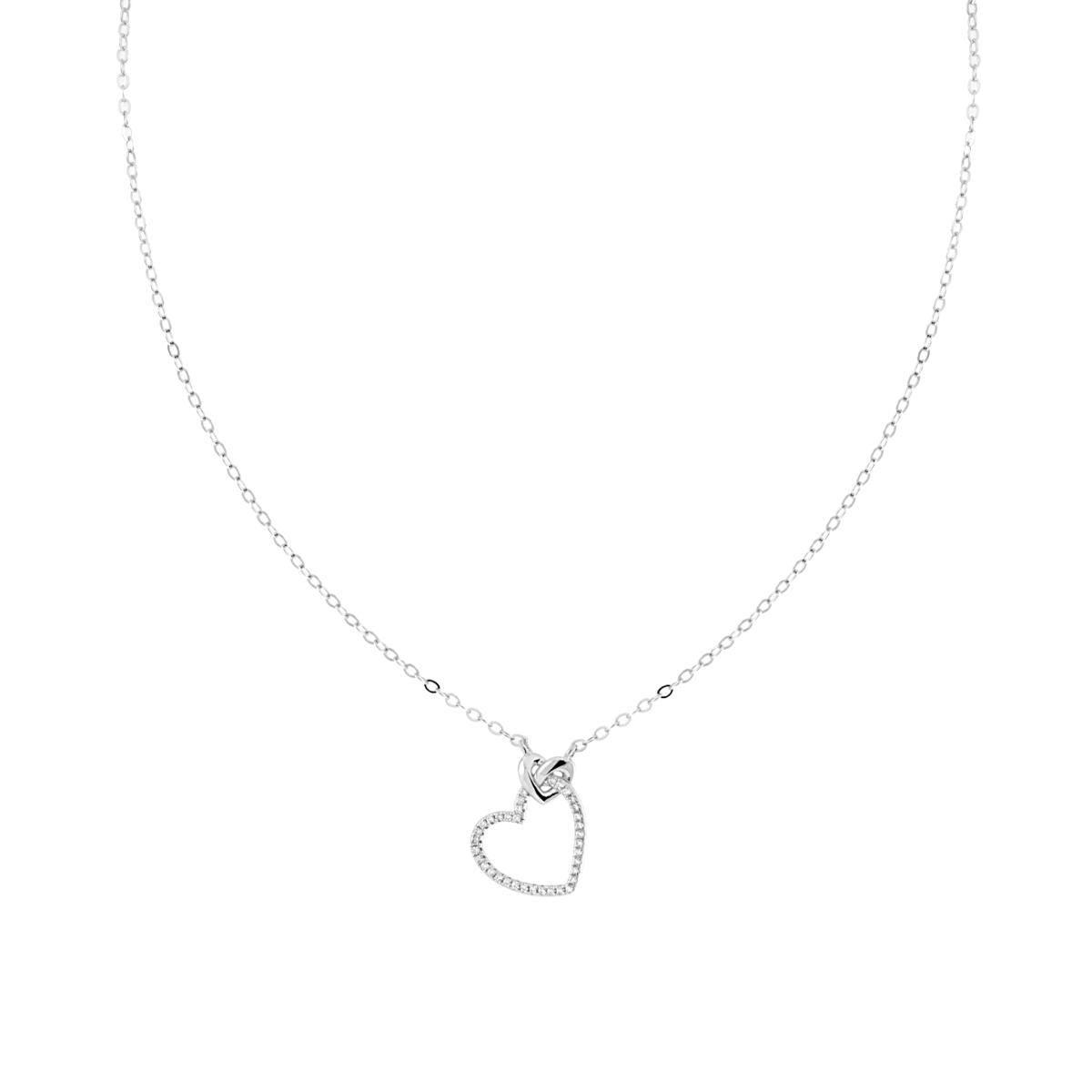 Collana Catena Forzatina Diamantata con Cuore e Cubic Zirconia Bianchi in ARGENTO 925 Galvanica Rodio
