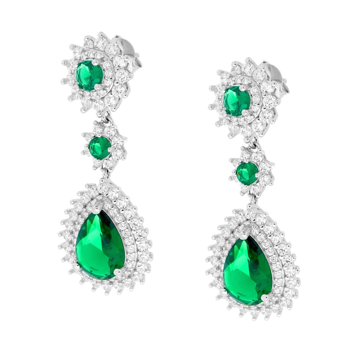 Orecchini Pendenti con Tondi e Goccia Verde Smeraldo contornati con Cubic Zirconia Bianchi in ARGENTO 925 Galvanica Rodio