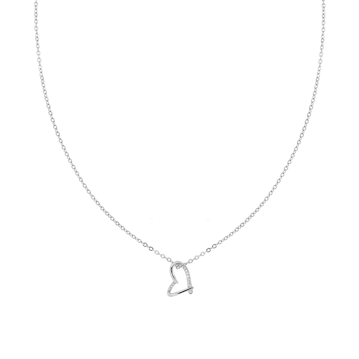 Collana Catena Forzatina Diamantata con Cuore e Cubic Zirconia Bianchi in ARGENTO 925 Galvanica Rodio