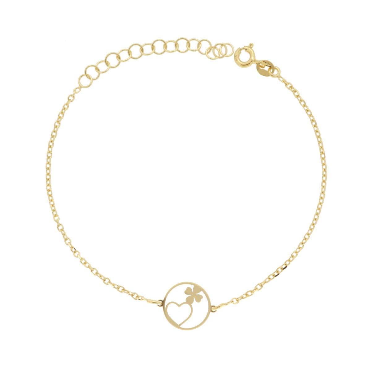 Bracciale Catena Forzatina Diamantata con Tondo con Cuore e Quadrifoglio in ARGENTO 925 Galvanica Oro