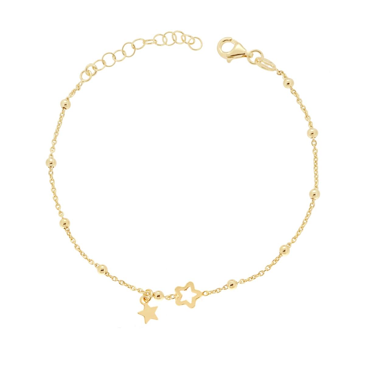 Bracciale Catena Forzatina con Palline lisce con Stelle plain e traforata pendenti in ARGENTO 925 Galvanica Oro