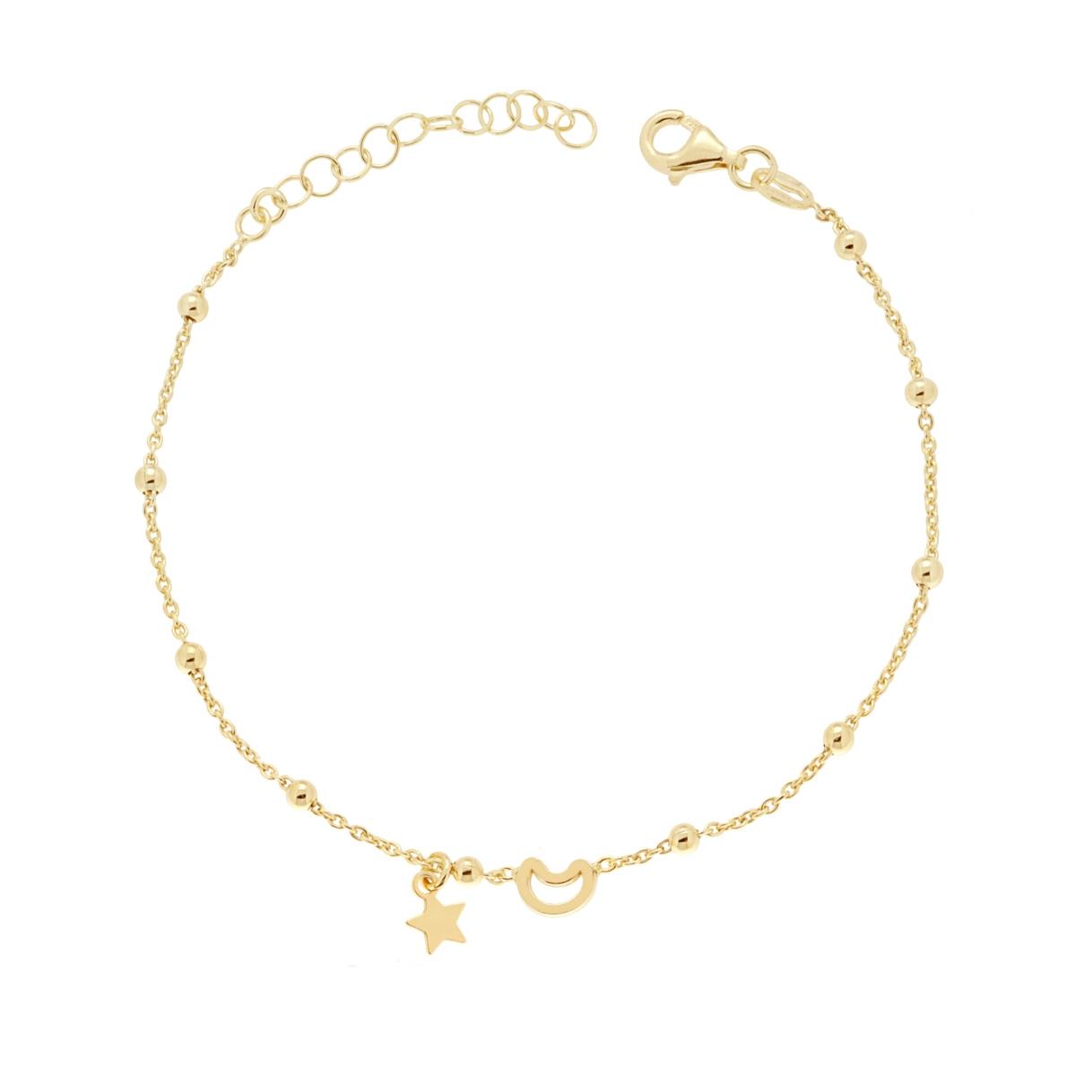 Bracciale Catena Forzatina con Palline lisce con Luna traforata e Stella plain pendente in ARGENTO 925 Galvanica Oro