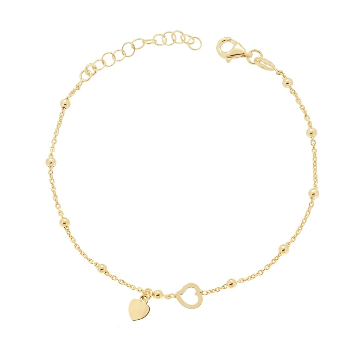 Bracciale Catena Forzatina con Palline lisce con Cuore traforato e Cuore plain pendente in ARGENTO 925 Galvanica Oro