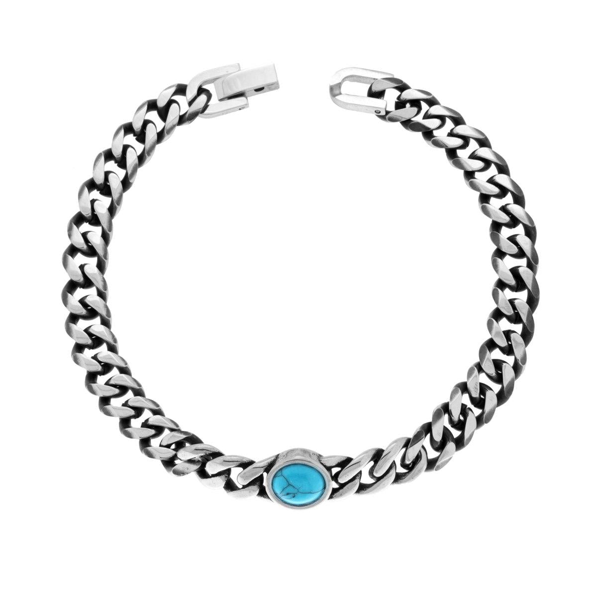 Bracciale Uomo Catena Grumetta Diamantata con Tondo Turchese in ACCIAIO Brunito