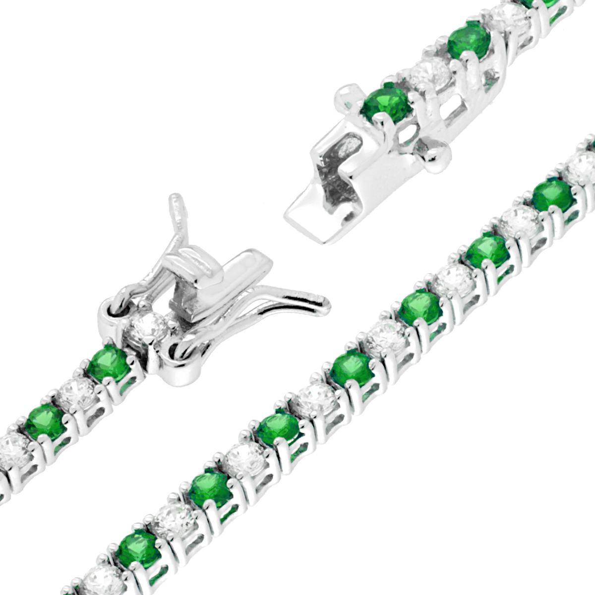 Bracciale Tennis Griffe cm 16.5 con Zirconi mm 2 Bianchi e Verde Smeraldo alternati in ARGENTO 925 Galvanica Rodio