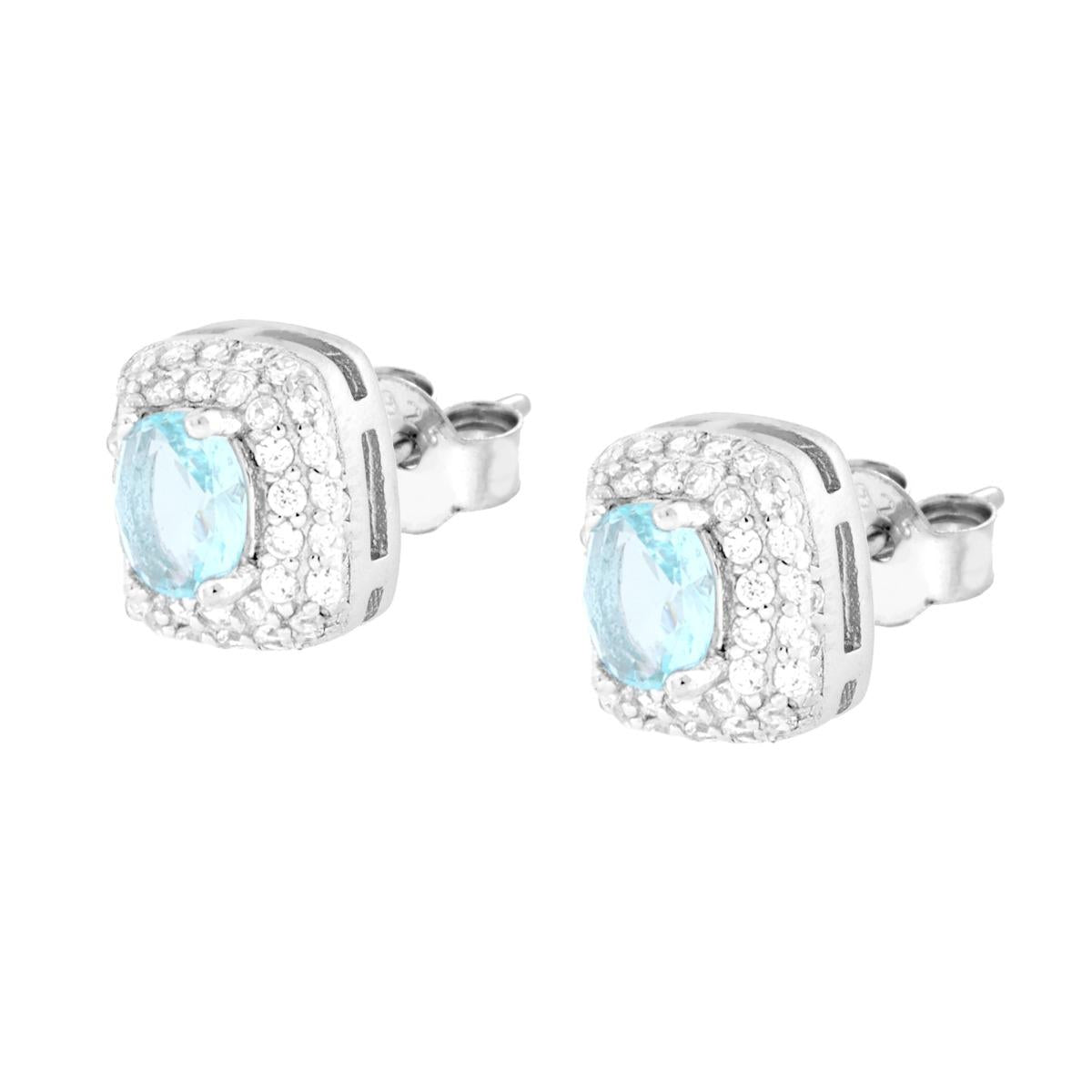 Orecchini Rettangolari Cubic Zirconia Ovale Acquamarina contornato da Cubic Zirconia Bianchi in ARGENTO 925 Galvanica Rodio