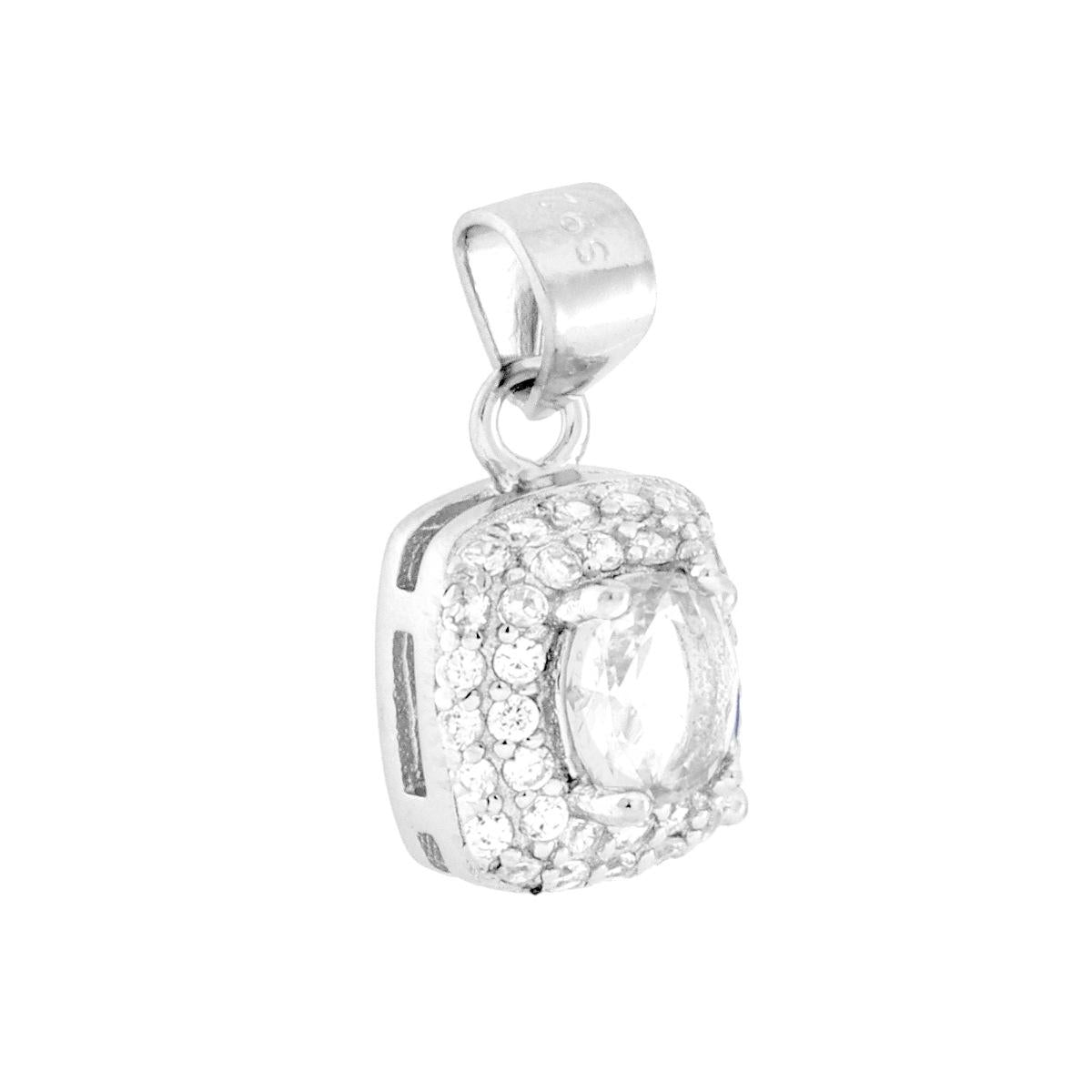 Ciondolo rettangolare con Cubic zirconia ovale colore Bianco su montatura 4 Griffe, con cubic zirconia bianchi incastonati intorno.<BR>