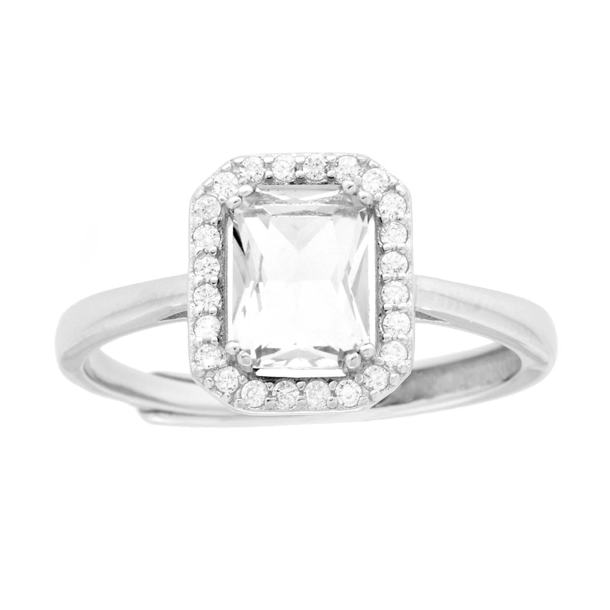 Anello Solitario Rettangolare Cubic Zirconia Bianco contornato da Cubic Zirconia Bianchi in ARGENTO 925 Galvanica Rodio